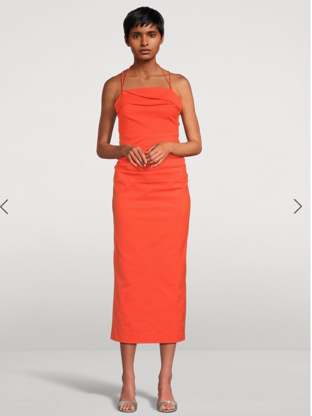 Shona Joy Lani Draped Cross Back Midi Dress in Coral-Orange